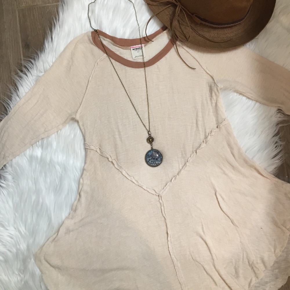 Free People Cream & Brown Long Flowy Top, Size S